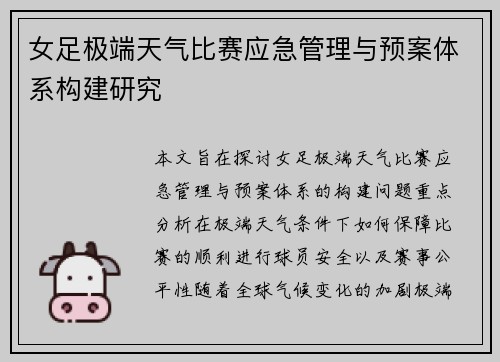 女足极端天气比赛应急管理与预案体系构建研究 女足极端天气比赛应急管理与预案体系构建研究